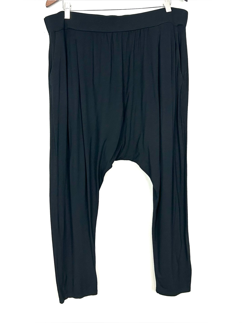 Eileen Fisher Drop Crotch Jersey Pants Women’s Size L Pull On Pockets Black Knit